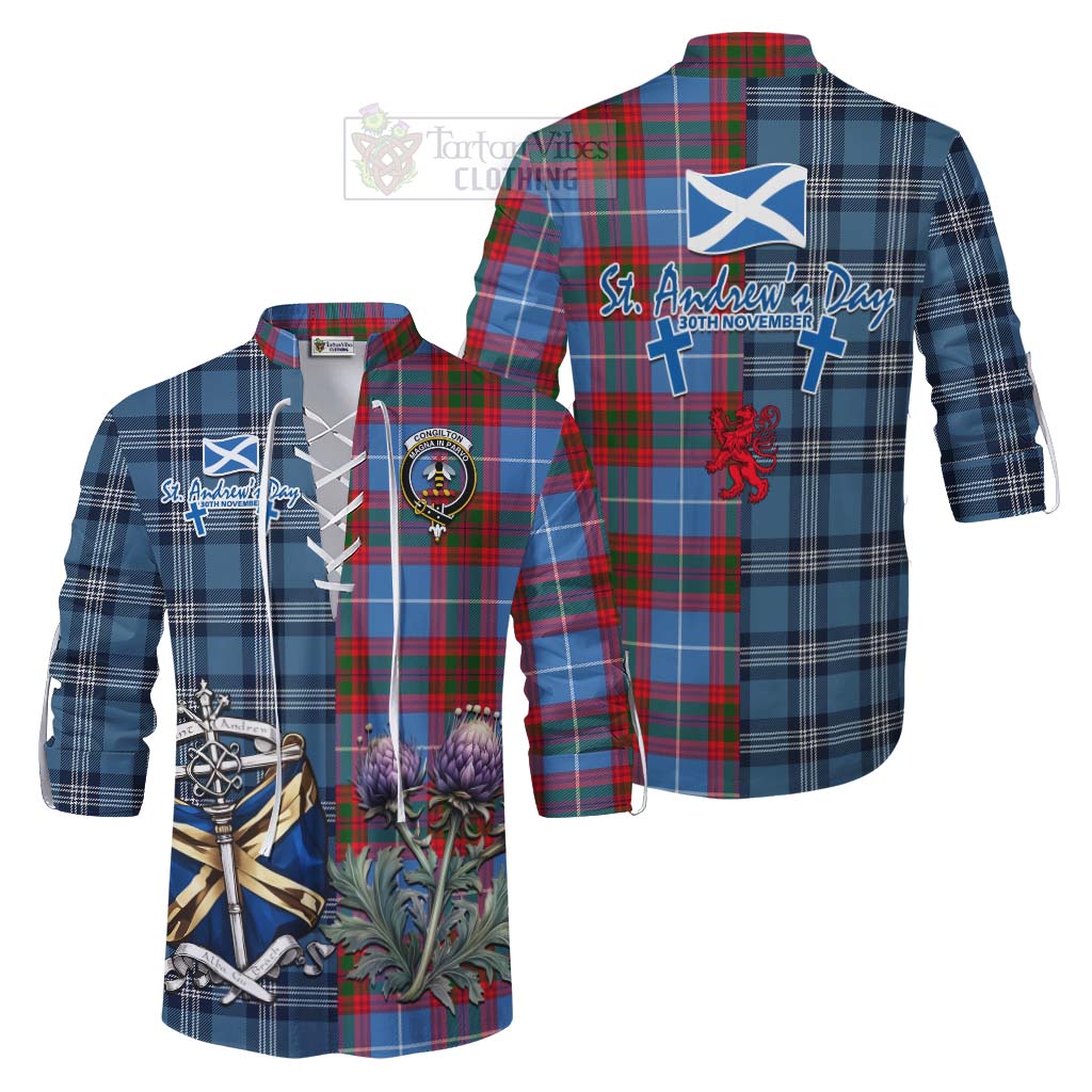 Congilton Tartan Ghillie Kilt Shirt Happy St. Andrew's Day Half Tartan Style Men - Tartan Vibes Clothing