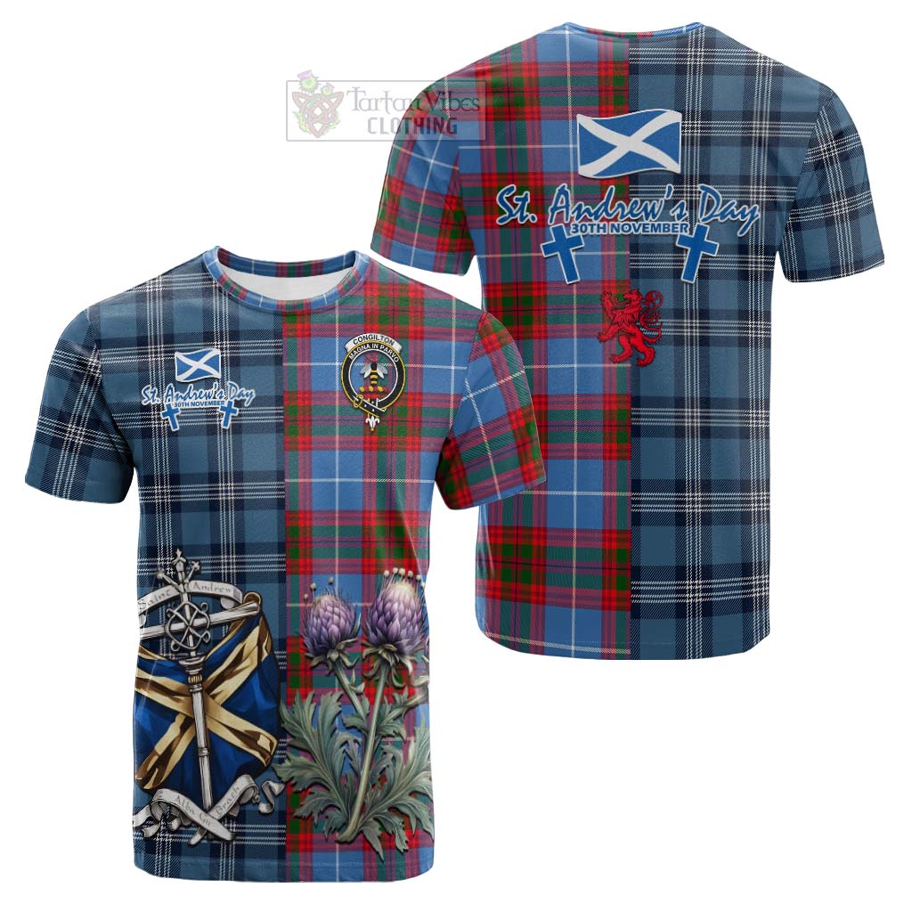 Congilton Tartan Cotton T-shirt Happy St. Andrew's Day Half Tartan Style Kid's Shirt - Tartan Vibes Clothing