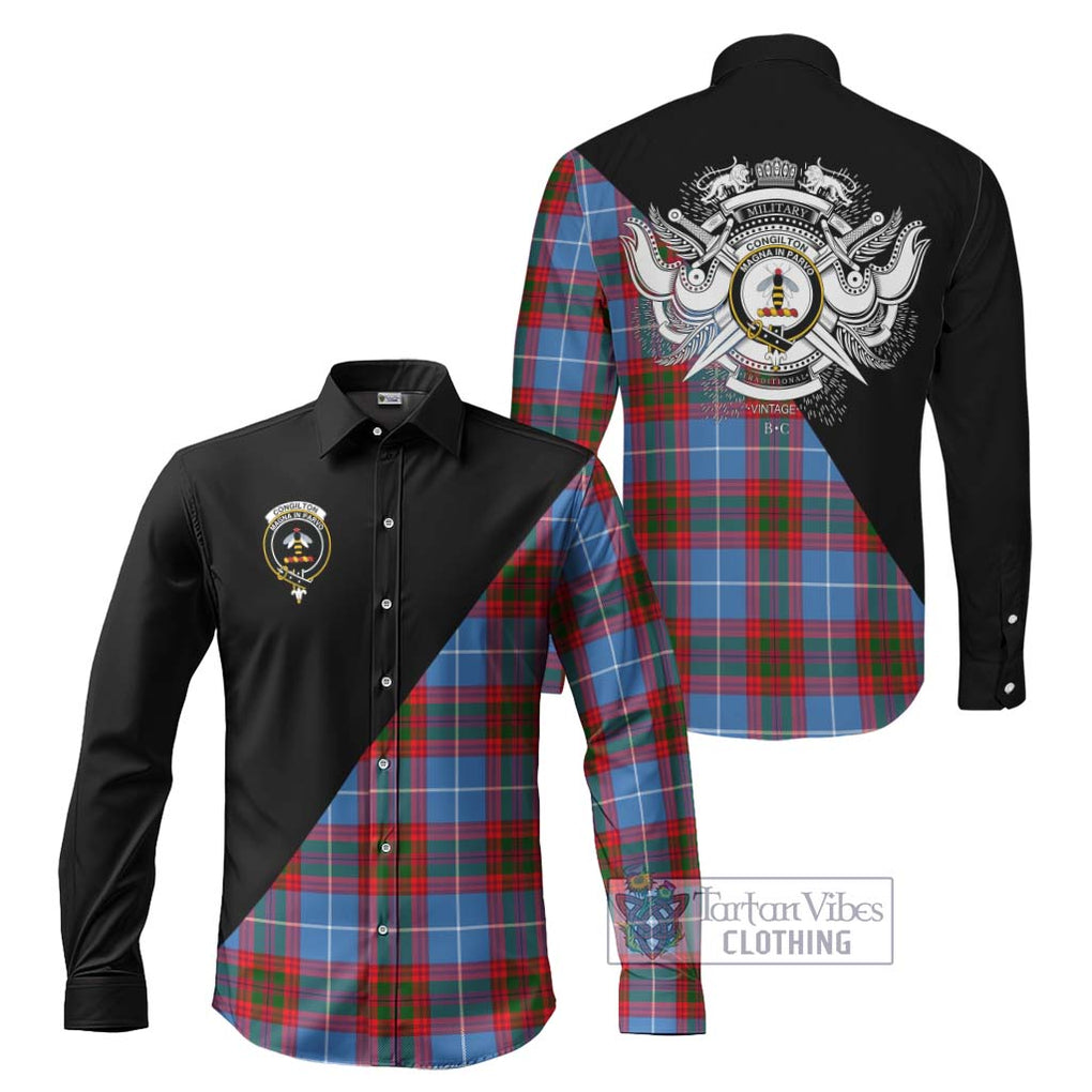 Congilton Tartan Long Sleeve Button Shirt with Family Crest and Military Logo Style Men's Shirt S - Tartanvibesclothing Shop