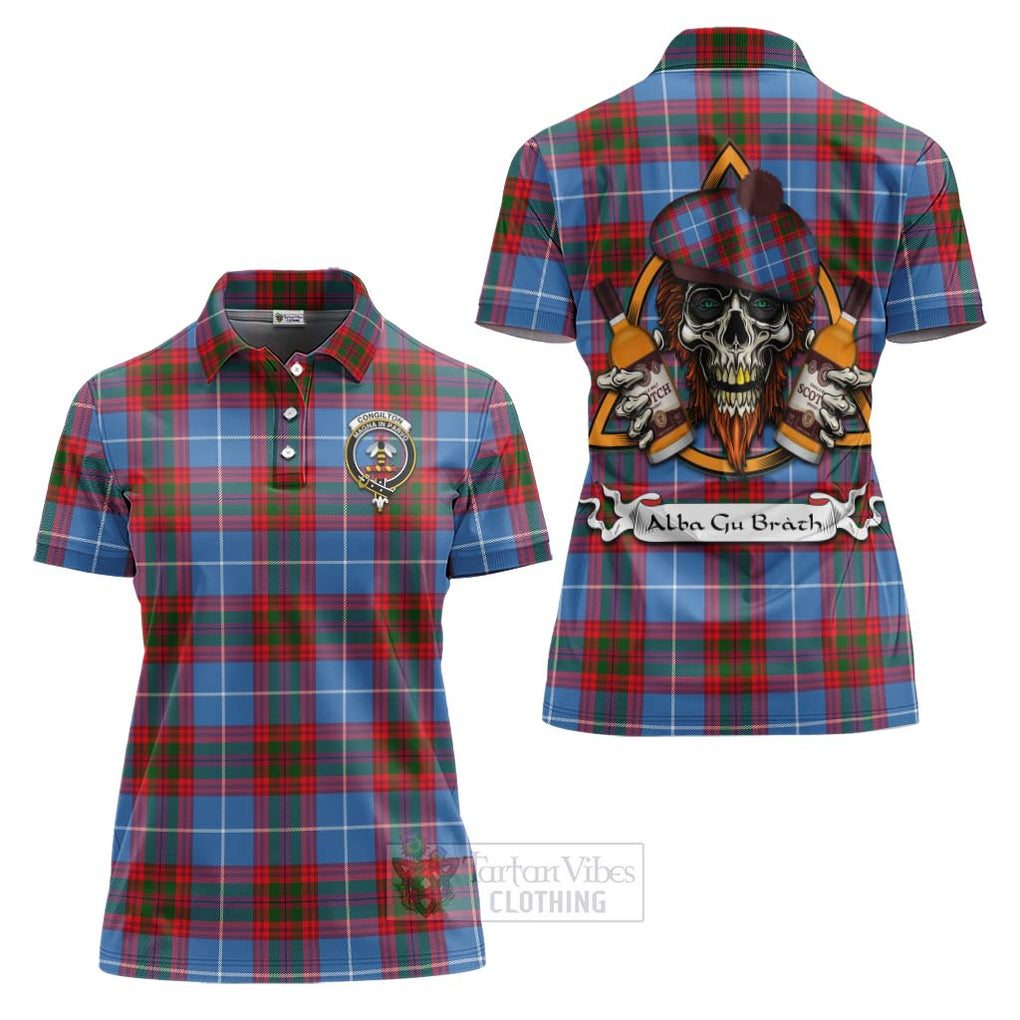 Tartan Vibes Clothing Congilton Tartan Women's Polo Shirt with Family Crest and Bearded Skull Holding Bottles of Whiskey