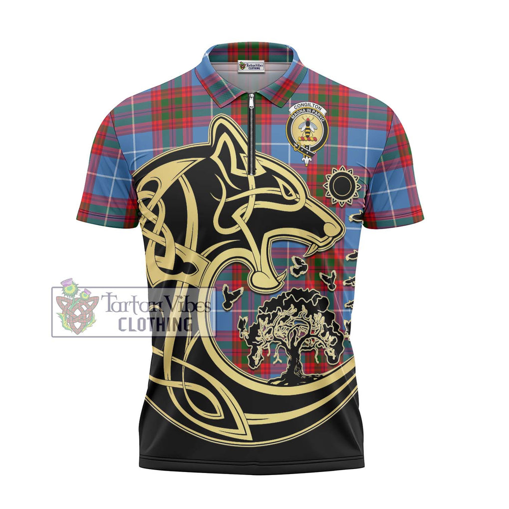 Congilton Tartan Zipper Polo Shirt with Family Crest Celtic Wolf Style - Tartan Vibes Clothing