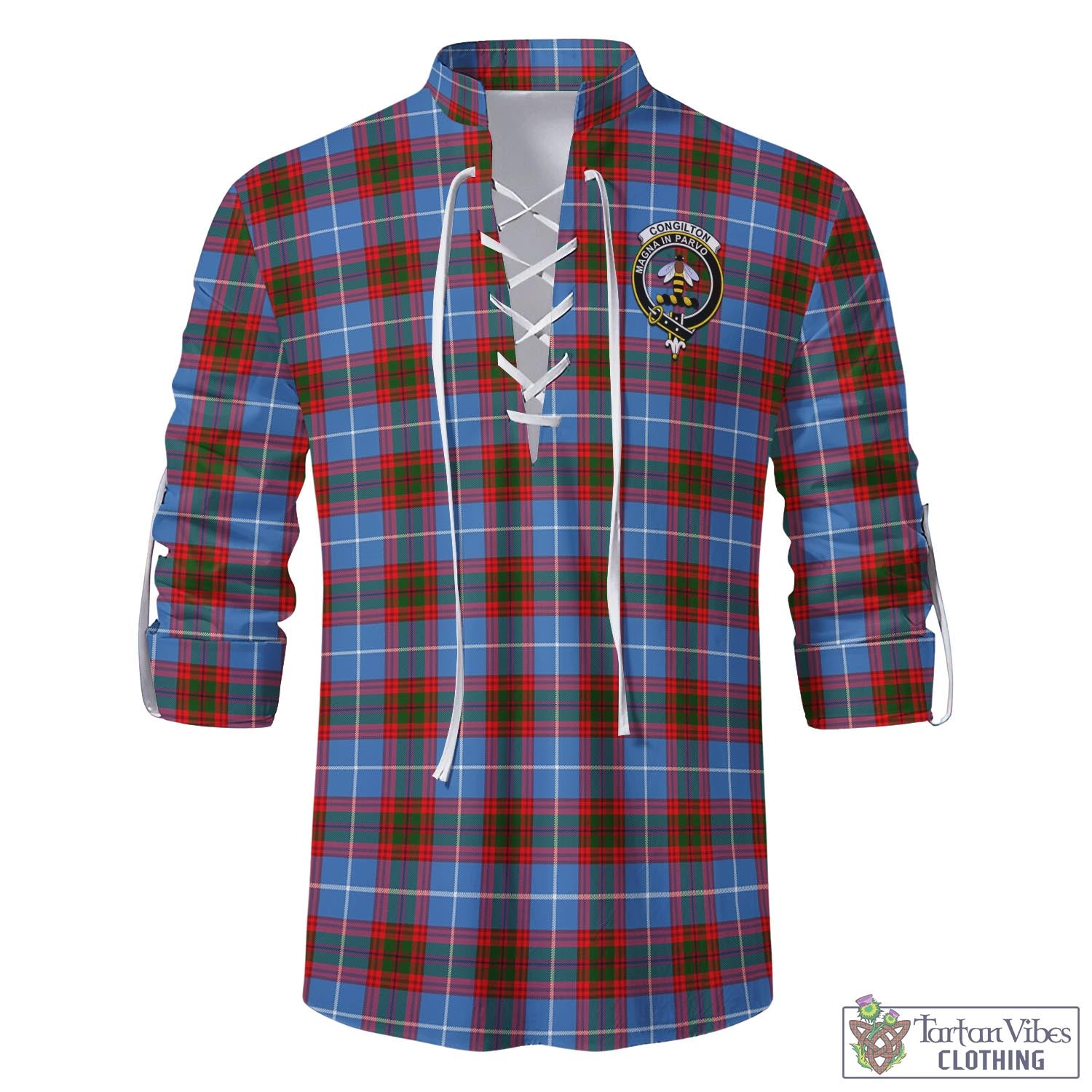 Tartan Vibes Clothing Congilton Tartan Men's Scottish Traditional Jacobite Ghillie Kilt Shirt with Family Crest
