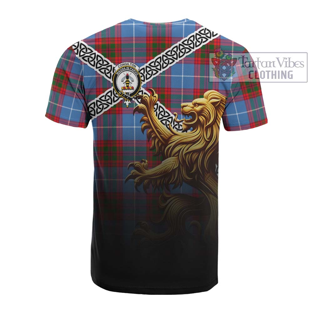 Congilton Crest Tartan Cotton T-shirt with Golden Lion Emblem Celtic Style - Tartan Vibes Clothing