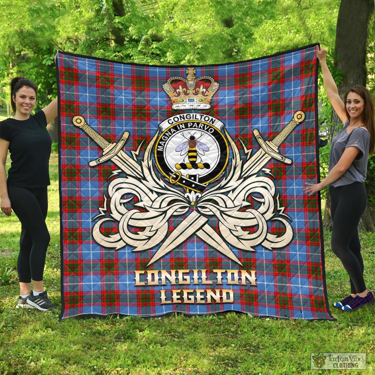 Tartan Vibes Clothing Congilton Tartan Quilt with Clan Crest and the Golden Sword of Courageous Legacy
