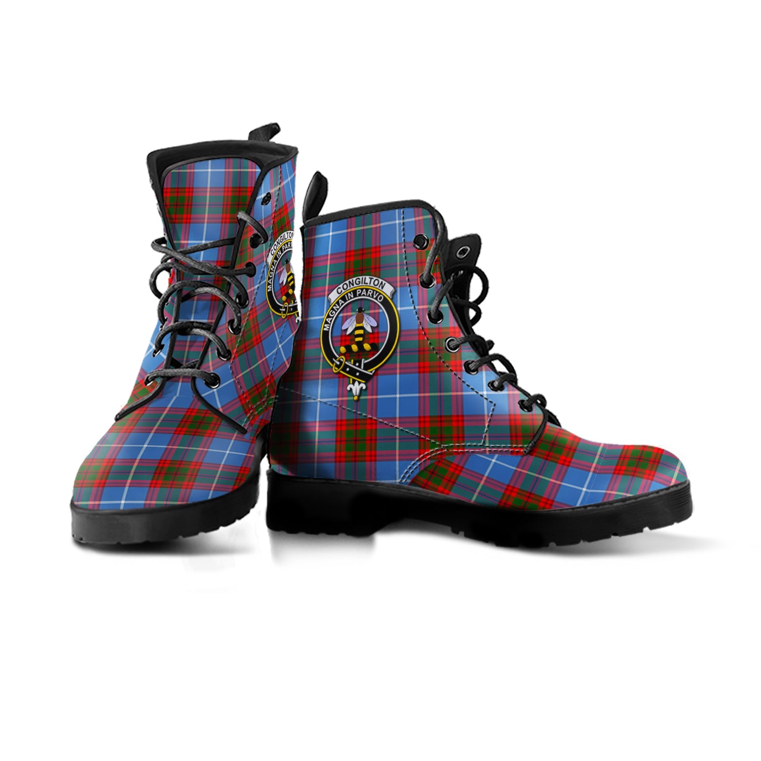 Congilton Tartan Leather Boots with Family Crest - Tartan Vibes Clothing