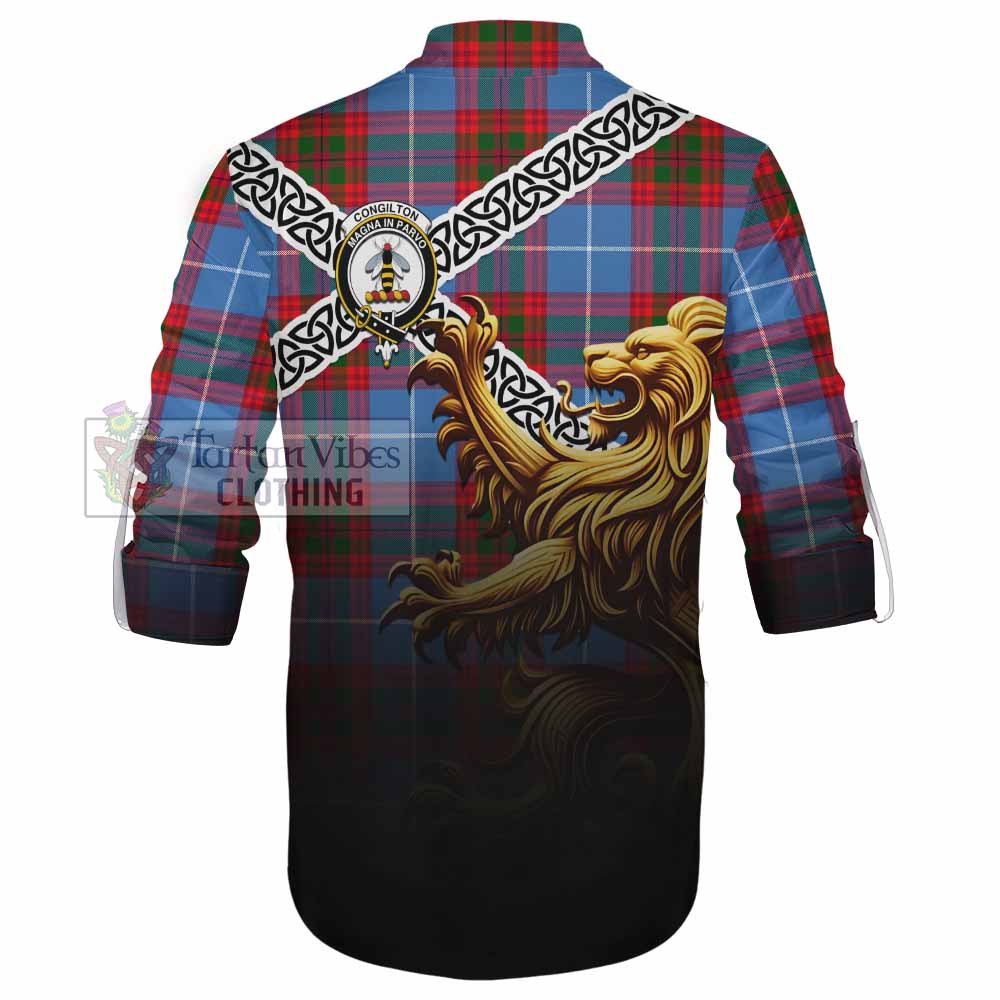 Congilton Crest Tartan Ghillie Kilt Shirt with Golden Lion Emblem Celtic Style - Tartan Vibes Clothing