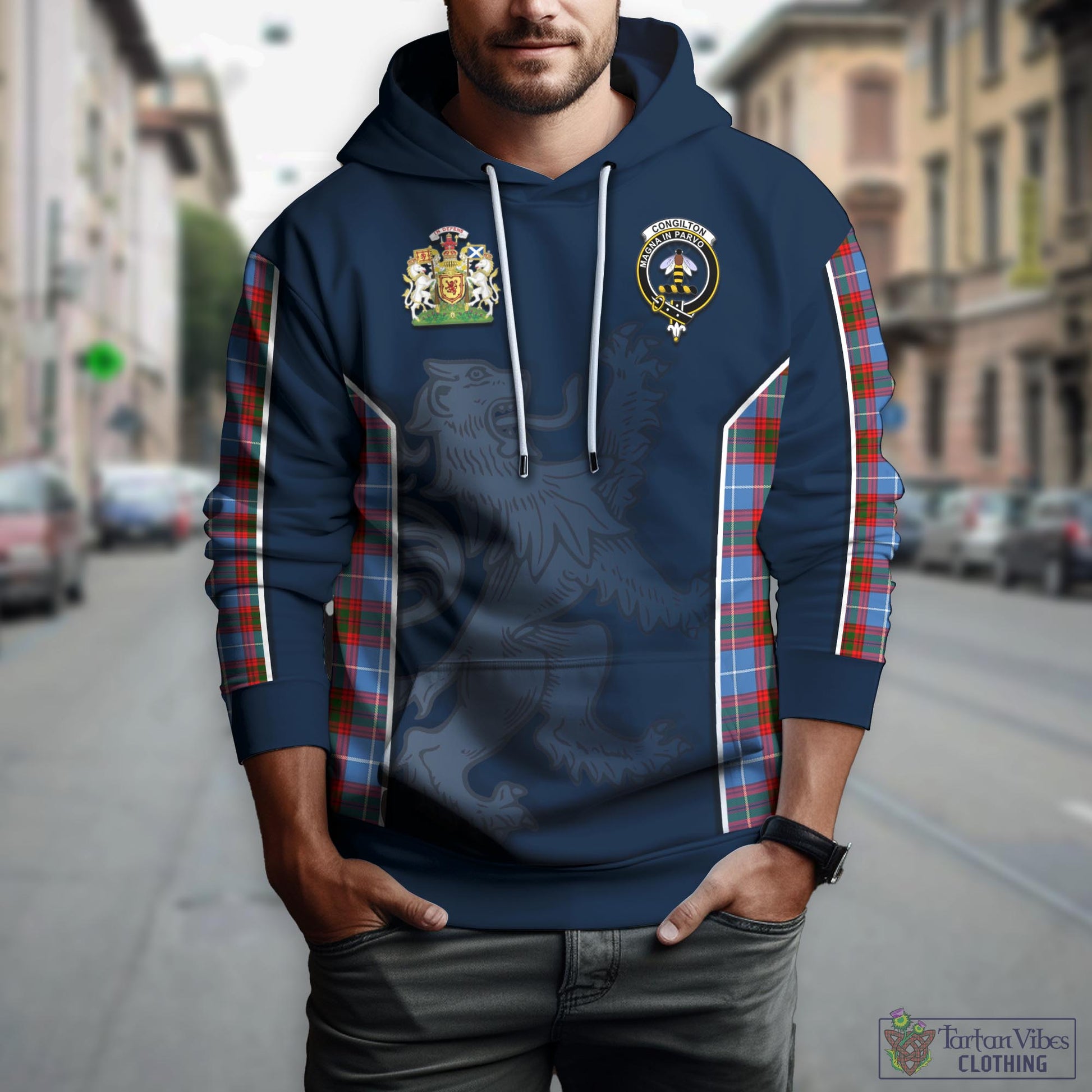 Tartan Vibes Clothing Congilton Tartan Hoodie with Family Crest and Lion Rampant Vibes Sport Style