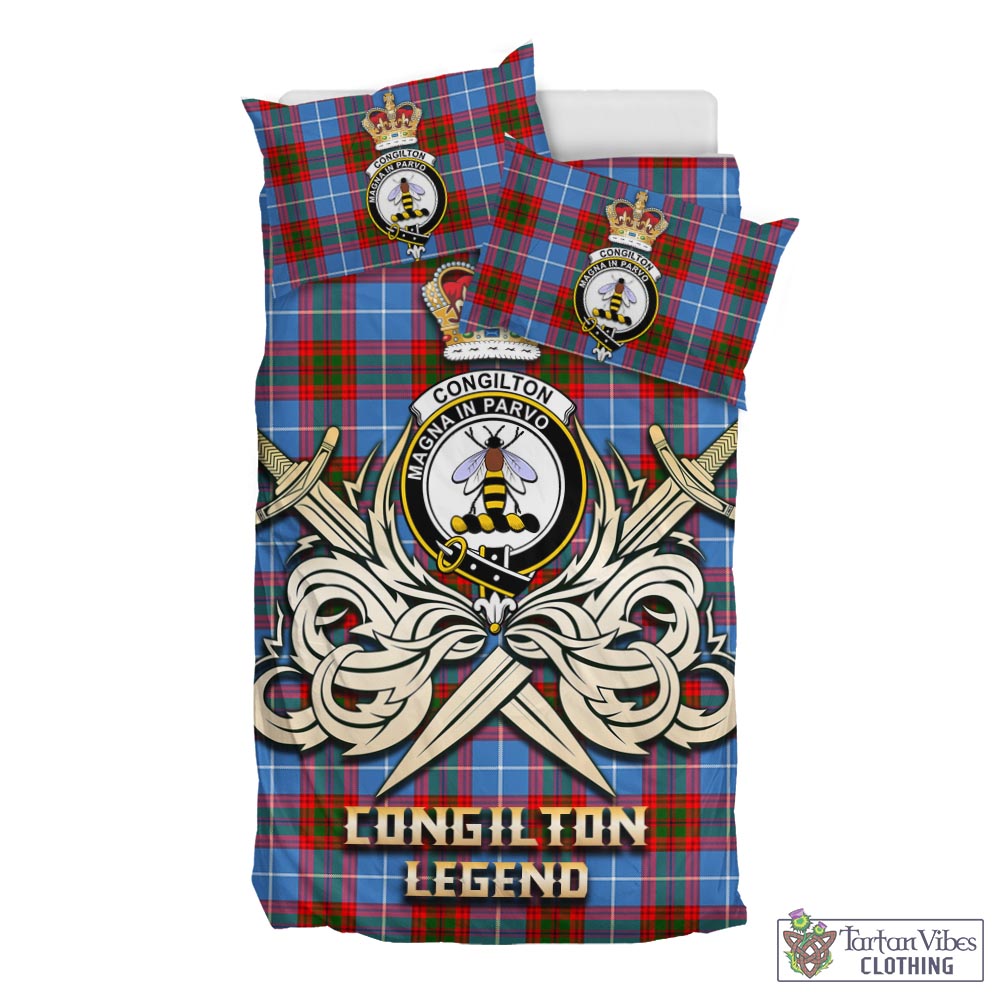 Tartan Vibes Clothing Congilton Tartan Bedding Set with Clan Crest and the Golden Sword of Courageous Legacy