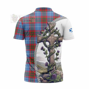 Congilton Tartan Zipper Polo Shirt with Family Crest and St. Andrew's Cross Accented by Thistle Vines - Tartan Vibes Clothing