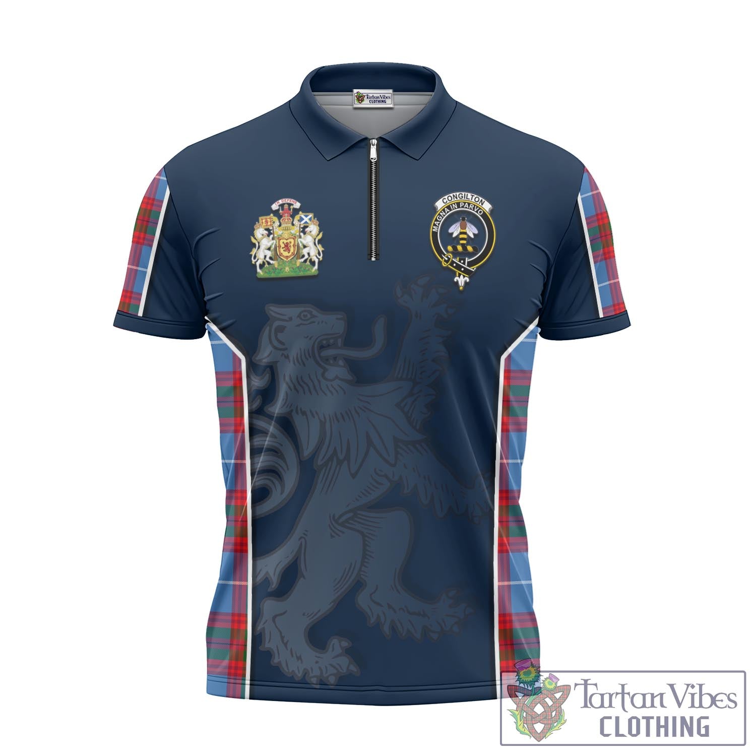 Tartan Vibes Clothing Congilton Tartan Zipper Polo Shirt with Family Crest and Lion Rampant Vibes Sport Style