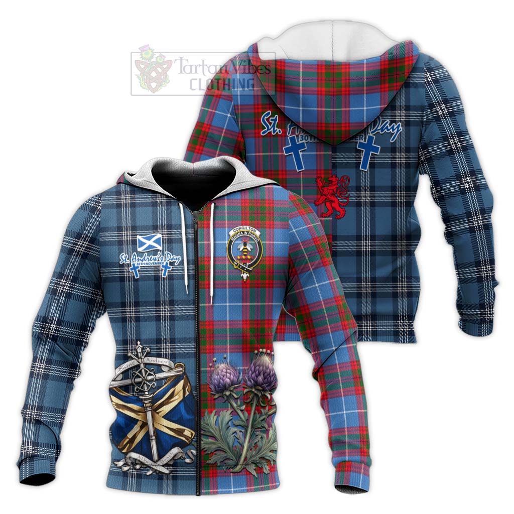 Congilton Tartan Knitted Hoodie Happy St. Andrew's Day Half Tartan Style Unisex Knitted Zip Hoodie - Tartan Vibes Clothing