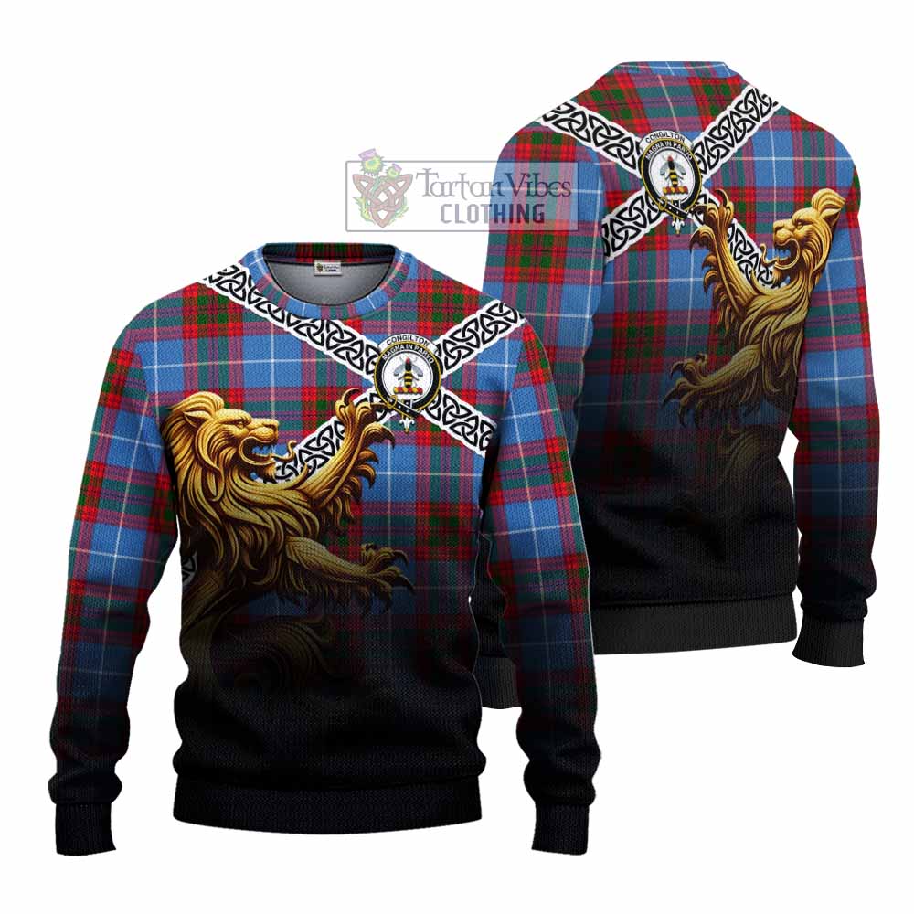 Congilton Crest Tartan Knitted Sweater with Golden Lion Emblem Celtic Style - Tartan Vibes Clothing