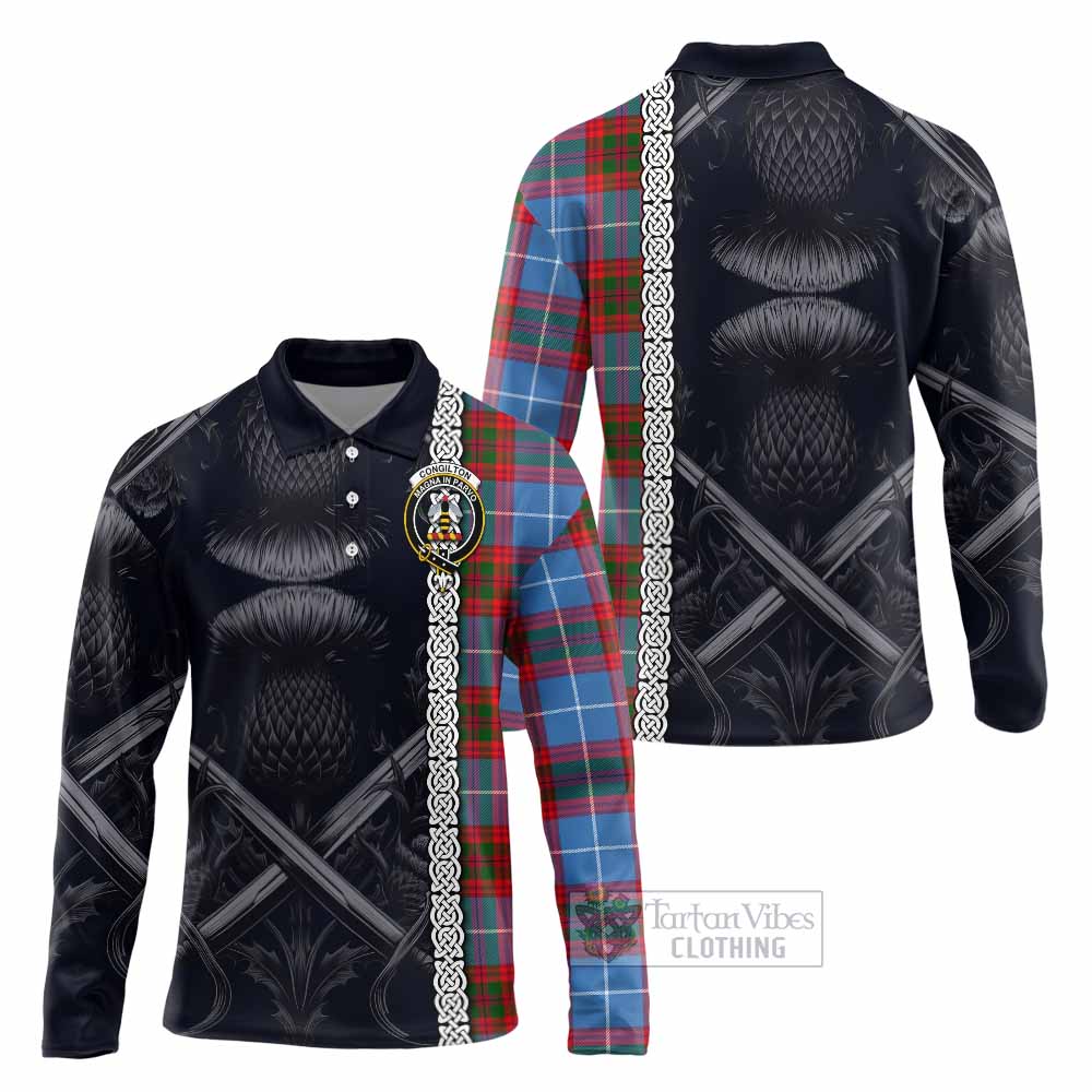 Congilton Tartan Long Sleeve Polo Shirt with Family Crest Cross Sword Thistle Celtic Vibes - Tartan Vibes Clothing