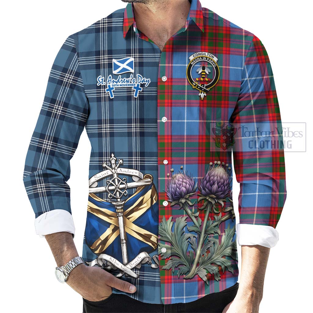 Congilton Tartan Long Sleeve Button Shirt Happy St. Andrew's Day Half Tartan Style - Tartan Vibes Clothing