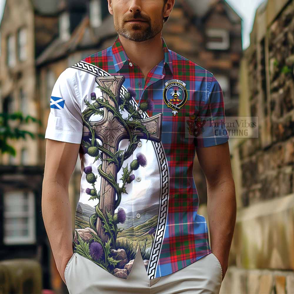 Congilton Tartan Hawaiian Shirt with Family Crest and St. Andrew's Cross Accented by Thistle Vines - Tartan Vibes Clothing