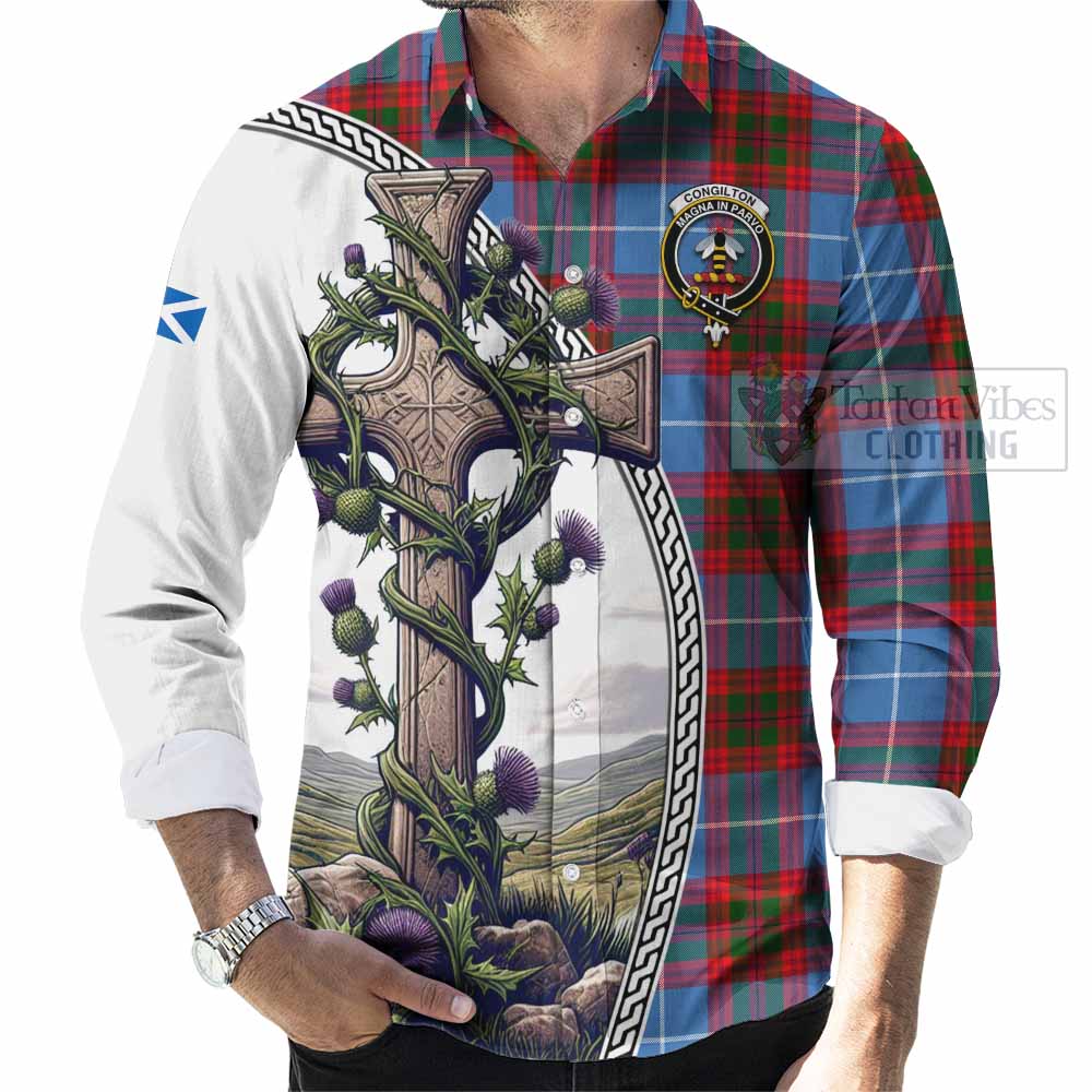 Congilton Tartan Long Sleeve Button Shirt with Family Crest and St. Andrew's Cross Accented by Thistle Vines - Tartan Vibes Clothing