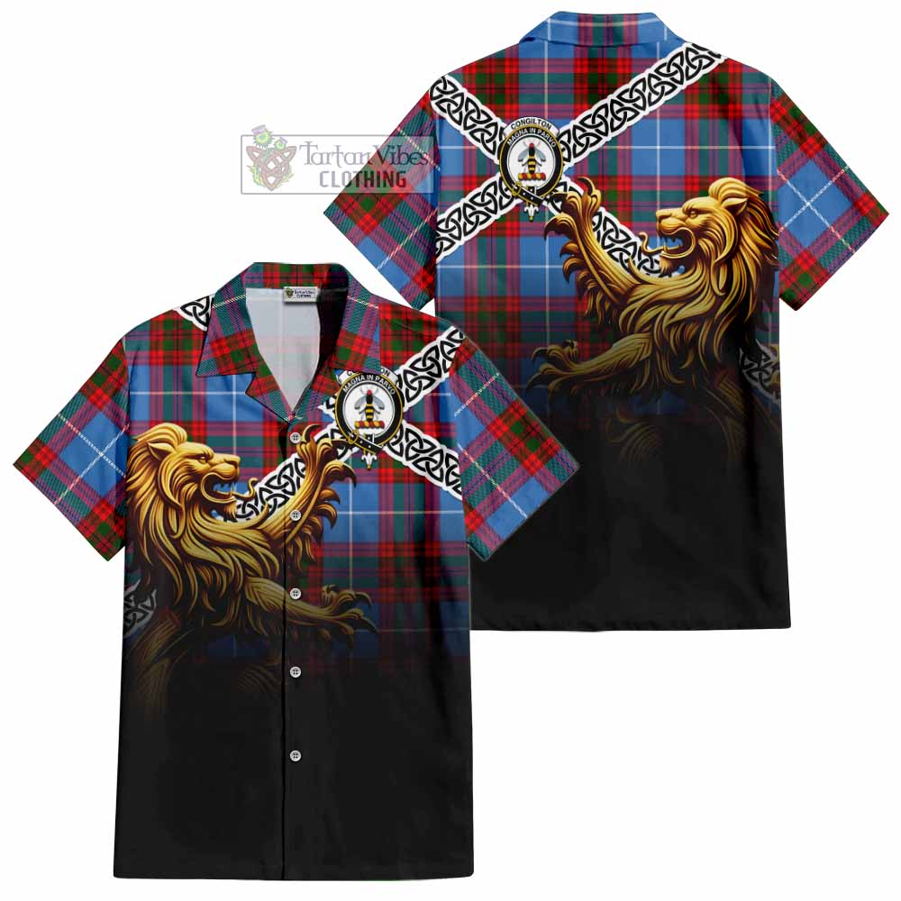 Congilton Crest Tartan Hawaiian Shirt with Golden Lion Emblem Celtic Style - Tartan Vibes Clothing