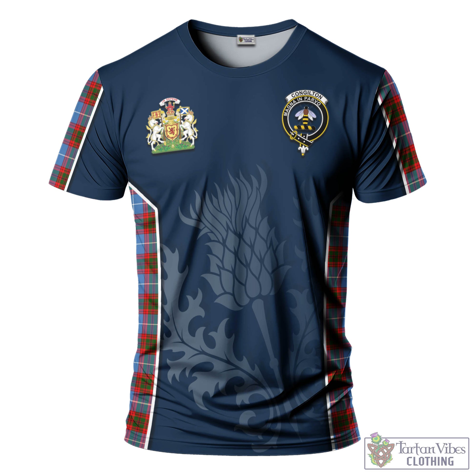 Tartan Vibes Clothing Congilton Tartan T-Shirt with Family Crest and Scottish Thistle Vibes Sport Style