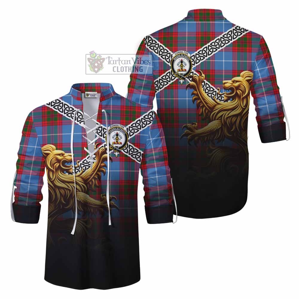 Congilton Crest Tartan Ghillie Kilt Shirt with Golden Lion Emblem Celtic Style - Tartan Vibes Clothing