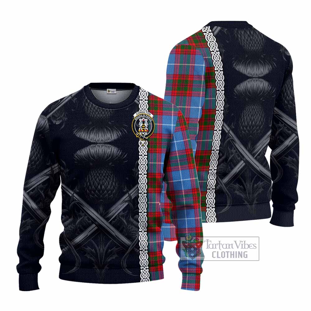 Congilton Tartan Knitted Sweater with Family Crest Cross Sword Thistle Celtic Vibes - Tartan Vibes Clothing