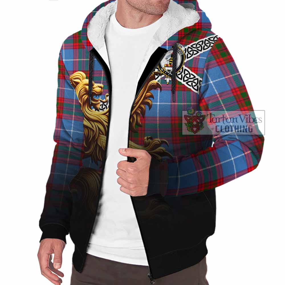 Congilton Crest Tartan Sherpa Hoodie with Golden Lion Emblem Celtic Style - Tartan Vibes Clothing