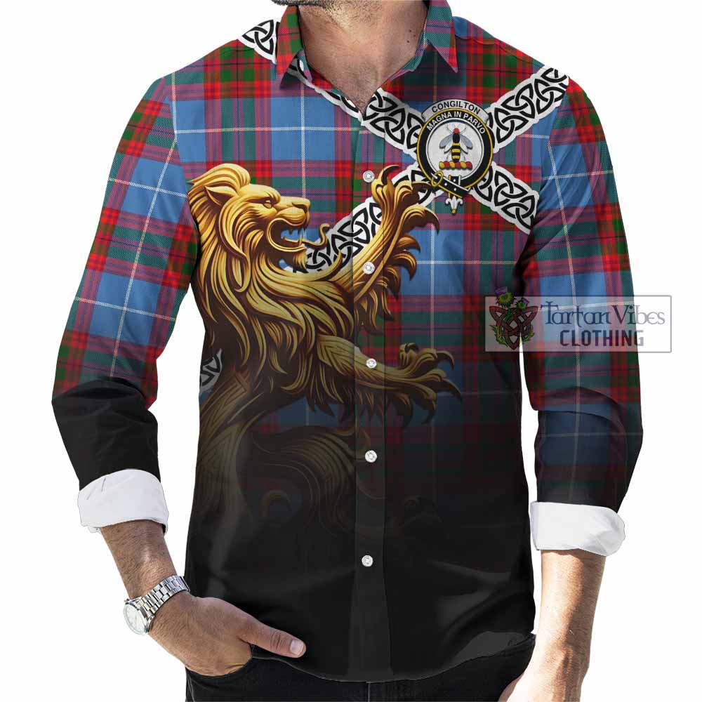 Congilton Crest Tartan Long Sleeve Button Shirt with Golden Lion Emblem Celtic Style - Tartan Vibes Clothing