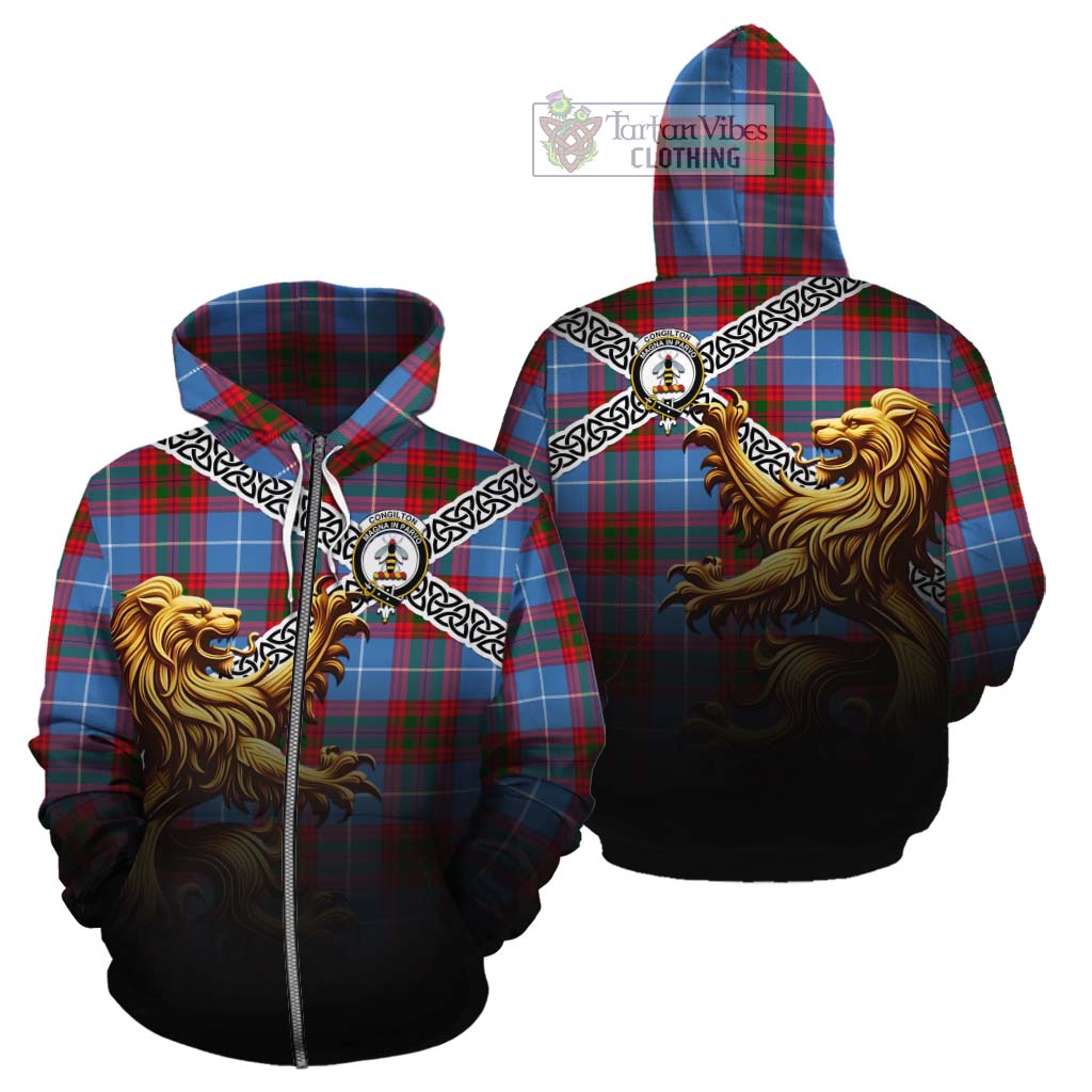 Congilton Crest Tartan Cotton Hoodie with Golden Lion Emblem Celtic Style Zip Hoodie - Tartan Vibes Clothing