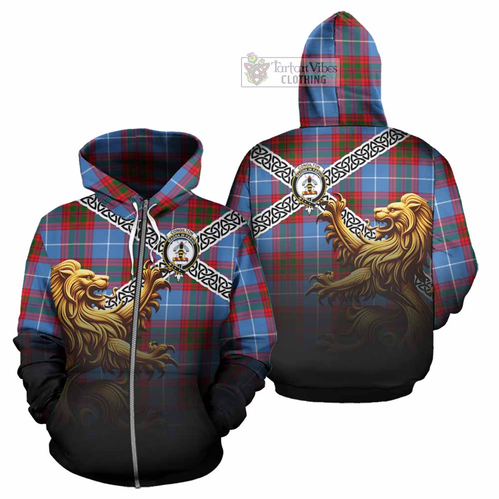 Congilton Crest Tartan Hoodie with Golden Lion Emblem Celtic Style Zip Hoodie - Tartan Vibes Clothing