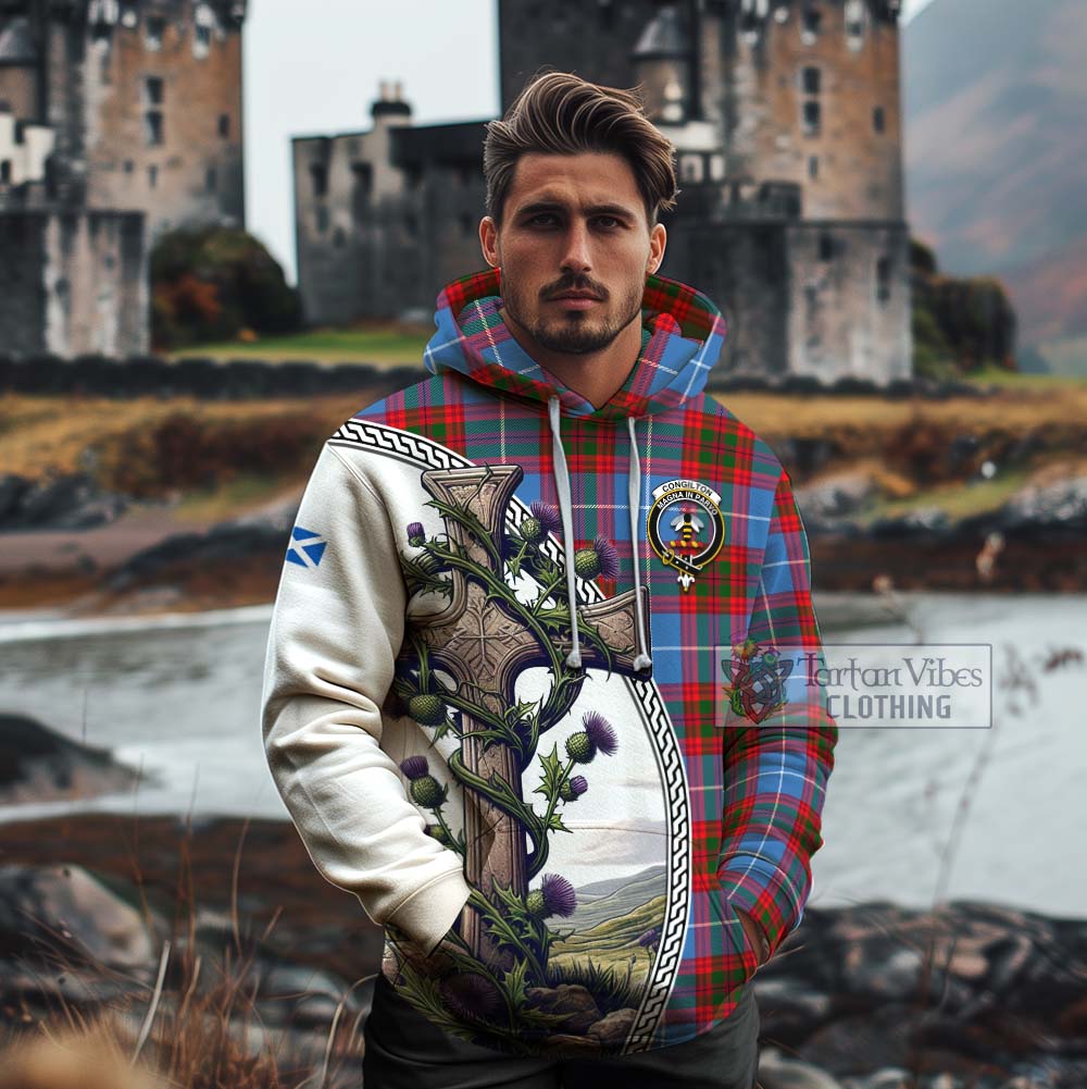 Tartan Vibes Clothing Congilton Tartan Cotton Hoodie with Family Crest and St. Andrew's Cross Accented by Thistle Vines