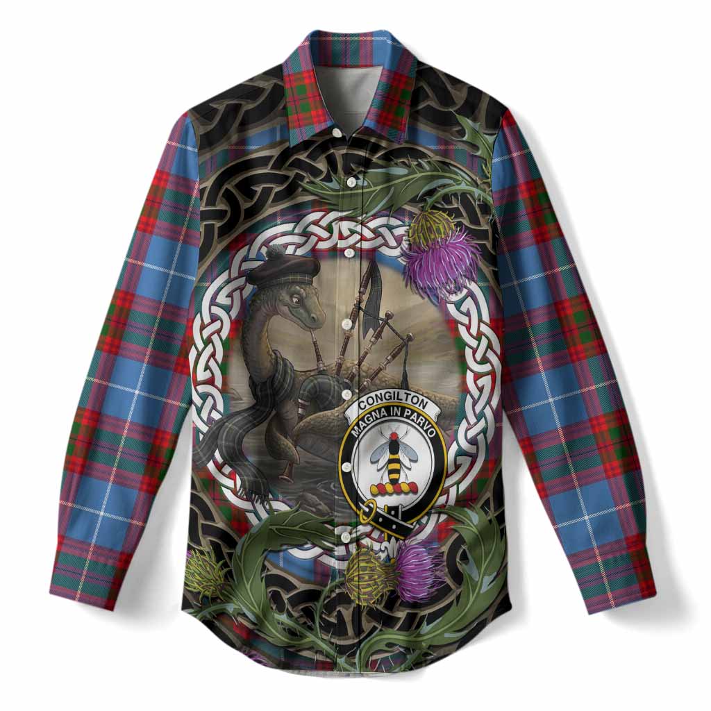 Congilton Tartan Crest Bagpipe Nessie Women Casual Shirt Scottish Loch Ness Monster Celtic Thistle