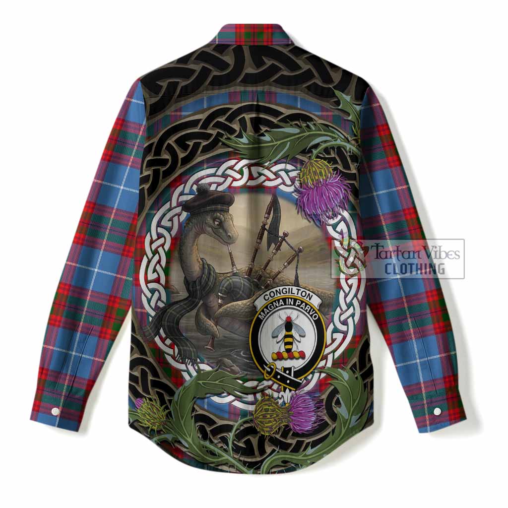 Congilton Tartan Crest Bagpipe Nessie Women Casual Shirt Scottish Loch Ness Monster Celtic Thistle