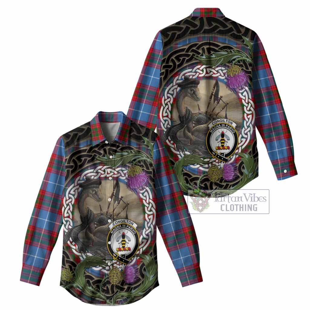 Congilton Tartan Crest Bagpipe Nessie Women Casual Shirt Scottish Loch Ness Monster Celtic Thistle