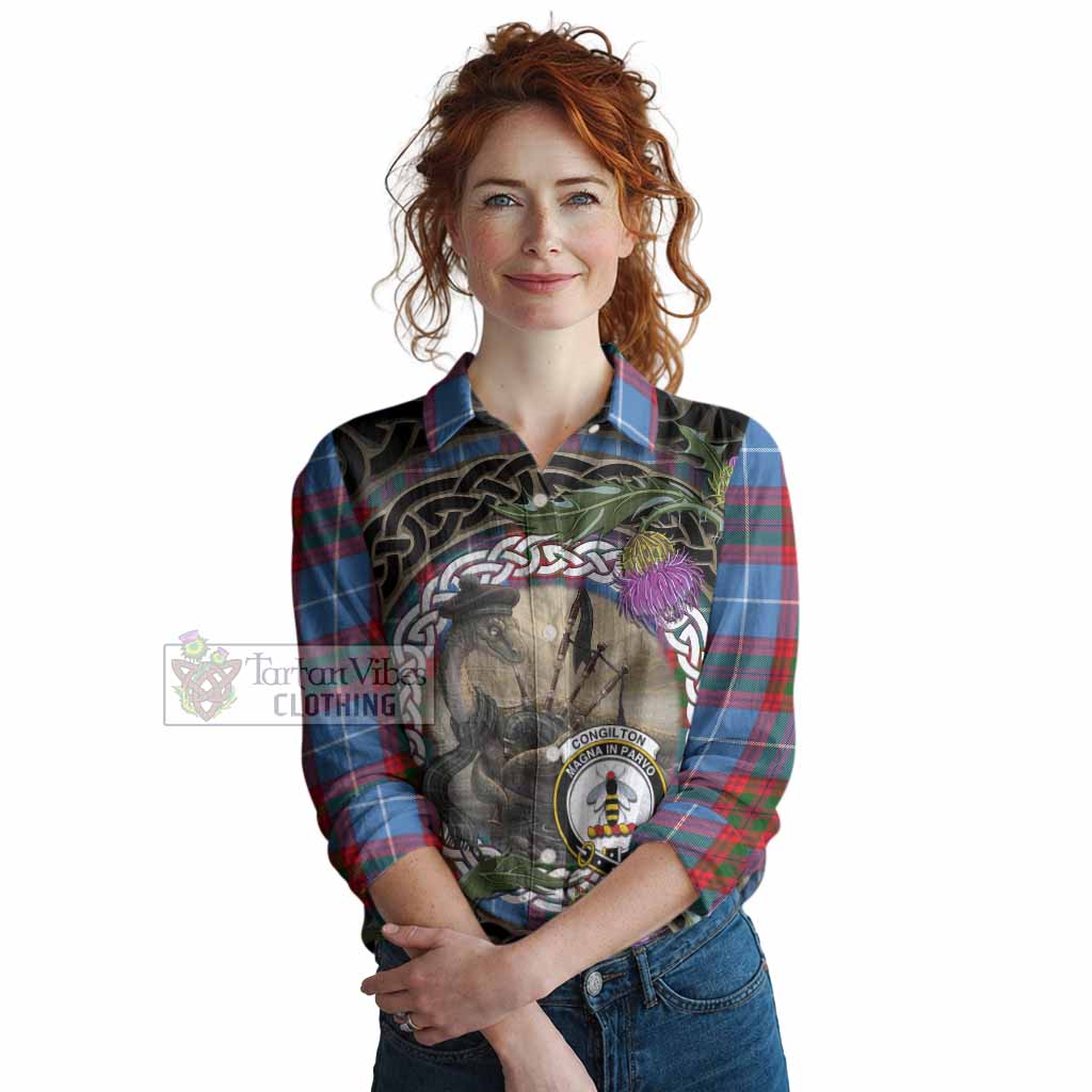 Congilton Tartan Crest Bagpipe Nessie Women Casual Shirt Scottish Loch Ness Monster Celtic Thistle