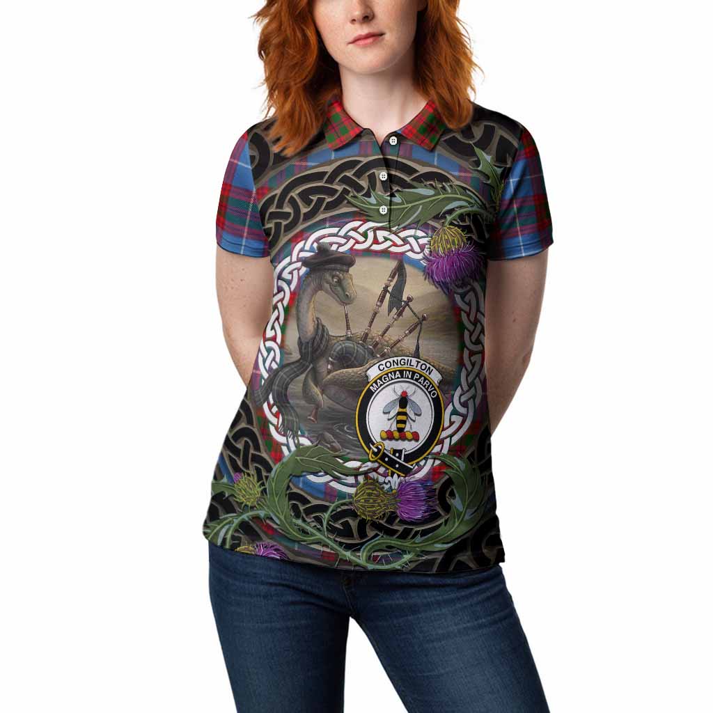 Congilton Tartan Crest Bagpipe Nessie Women Polo Shirt Scottish Loch Ness Monster Celtic Thistle