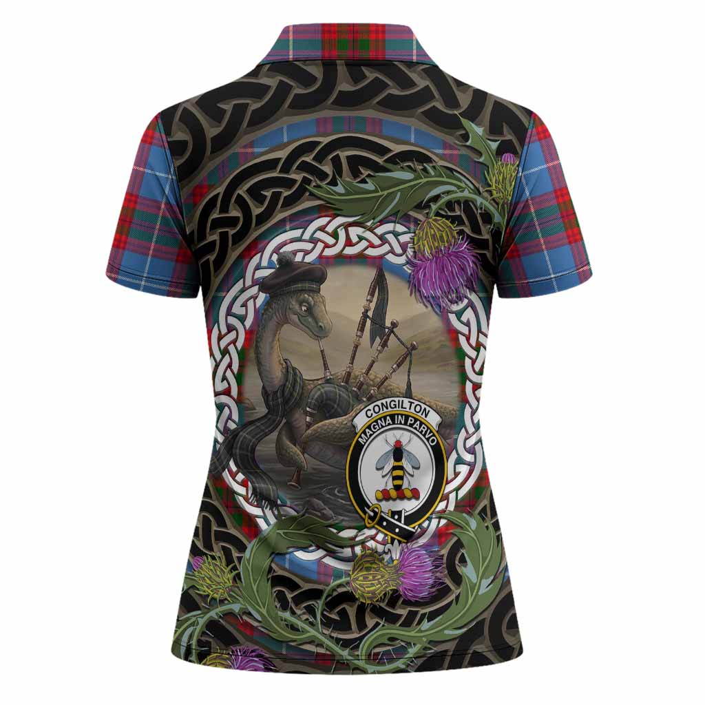 Congilton Tartan Crest Bagpipe Nessie Women Polo Shirt Scottish Loch Ness Monster Celtic Thistle