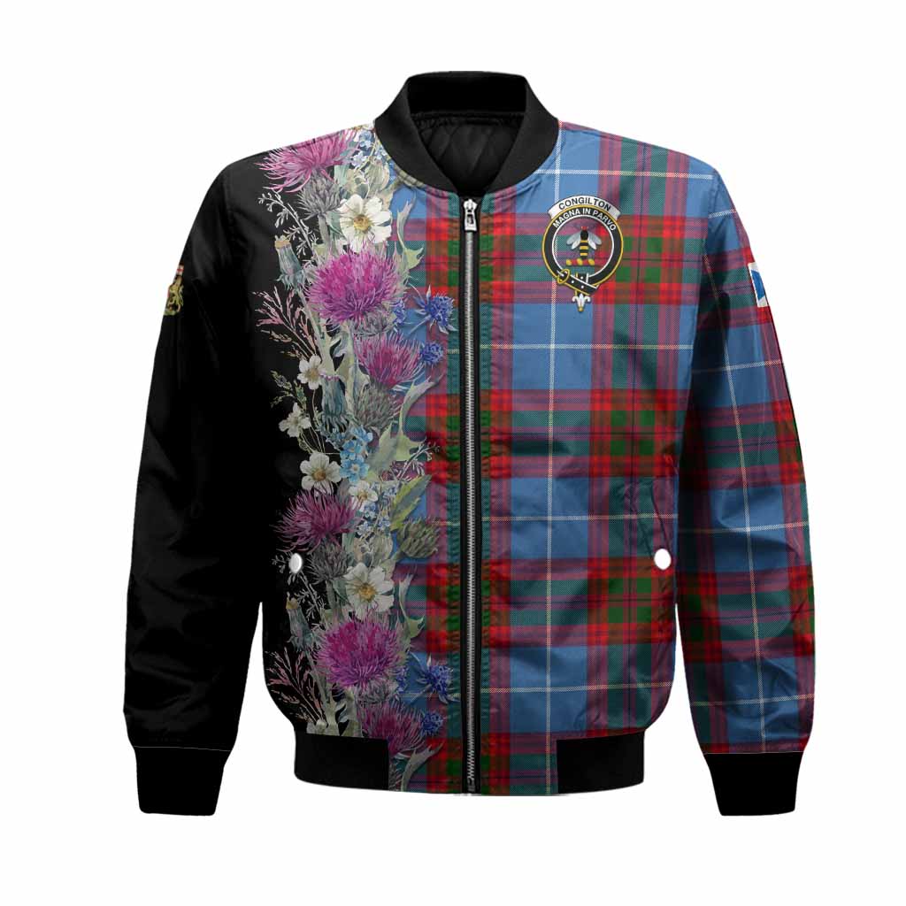 Congilton Tartan Crest Thistle Floral Bomber Jacket Unisex Black - Tartan Vibes Clothing