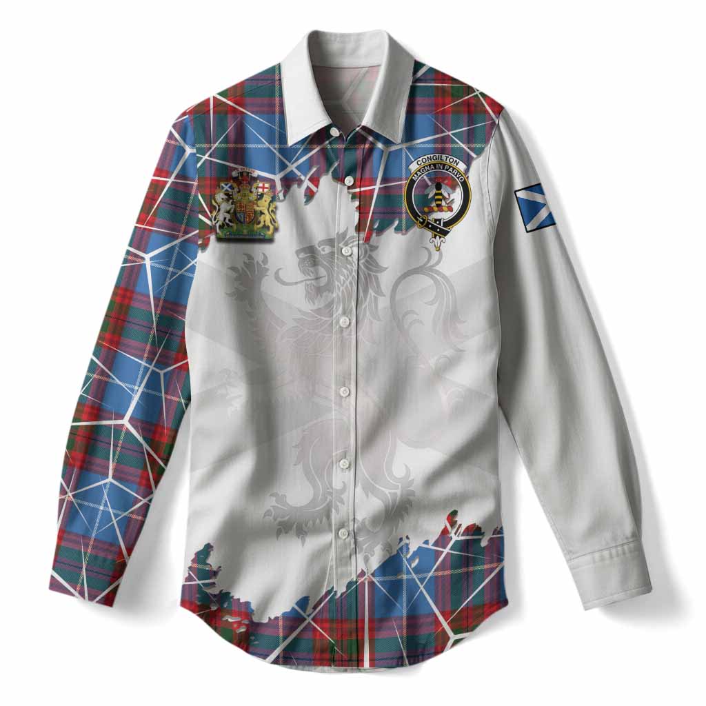 Congilton Tartan Women Casual Shirt with Family Crest and Lion Rampant Grunge Style