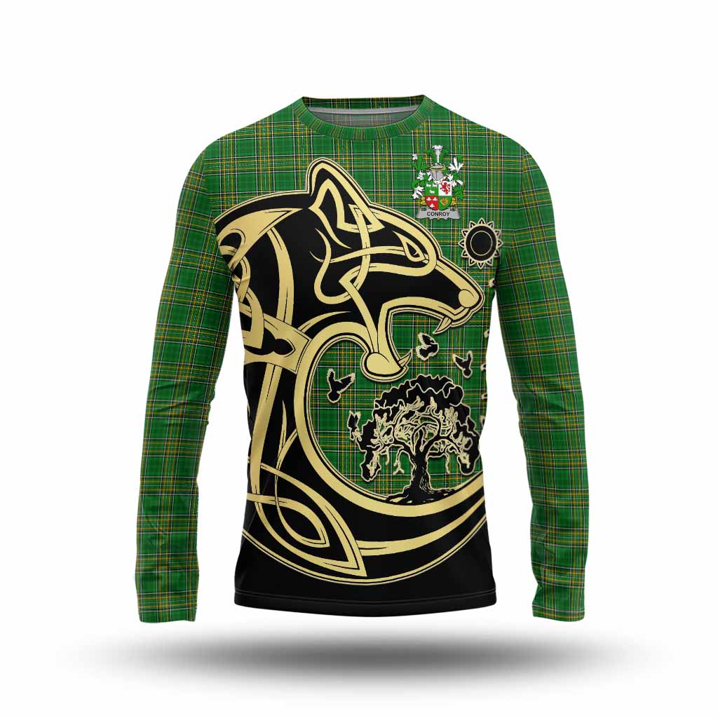 Tartan Vibes Clothing Conroy Green Irish Tartan Long Sleeve T-Shirt with Coat of Arms Celtic Wolf Style