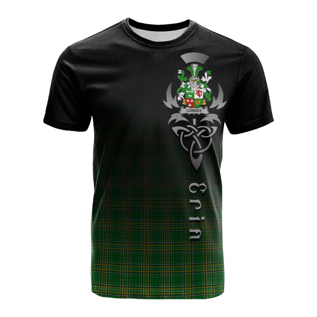 Tartan Vibes Clothing Conroy Green Irish Clan Cotton T-shirt with Coat of Arms Erin Go Bragh Celtic Inspired