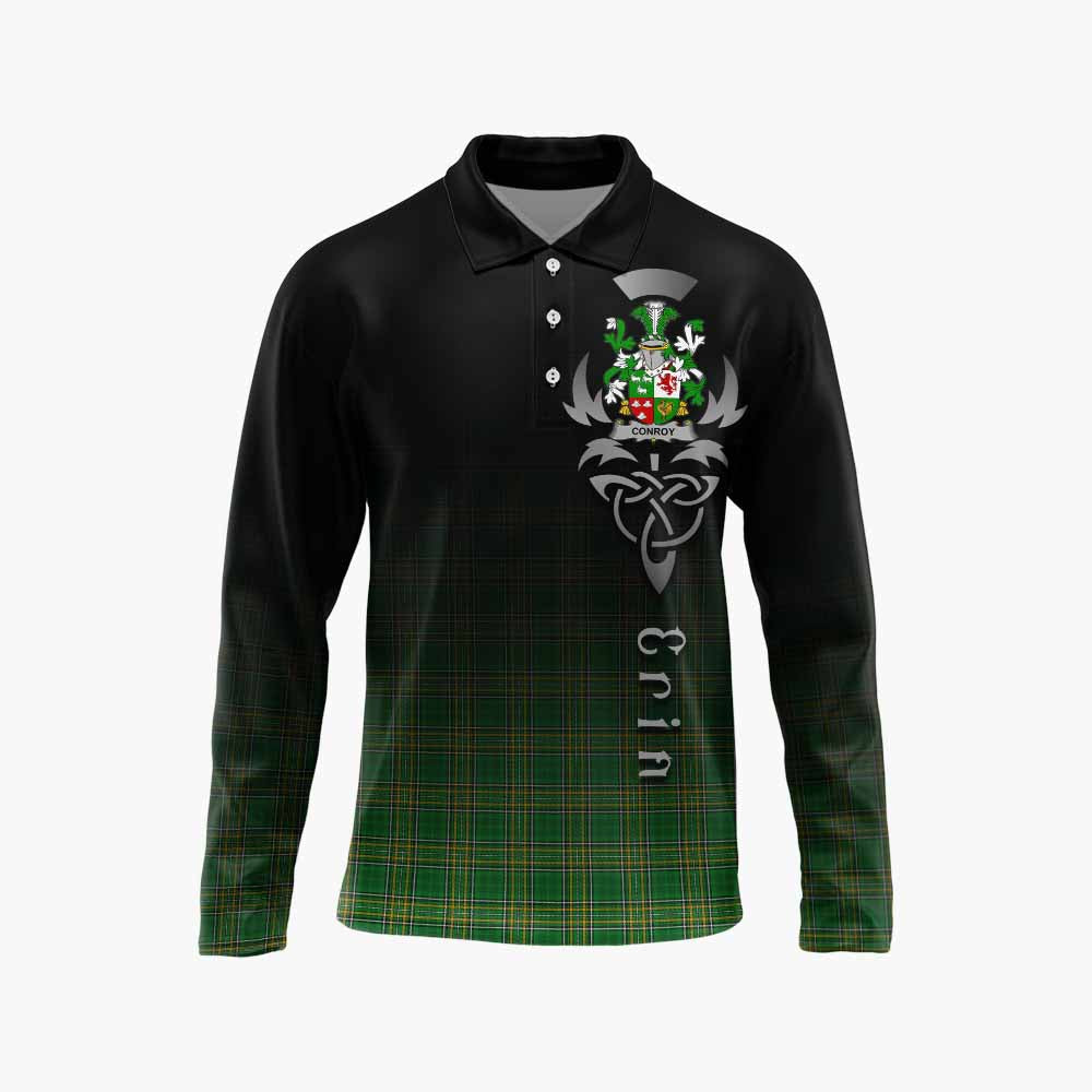 Tartan Vibes Clothing Conroy Green Irish Clan Long Sleeve Polo Shirt with Coat of Arms Erin Go Bragh Celtic Inspired