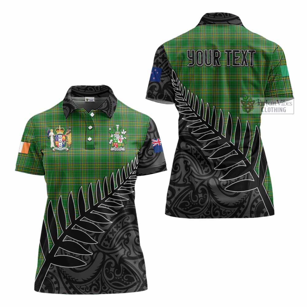 Tartan Vibes Clothing Conroy Green Irish Clan Tartan Women's Polo Shirt with Coat of Arms New Zealand Silver Fern Half Style