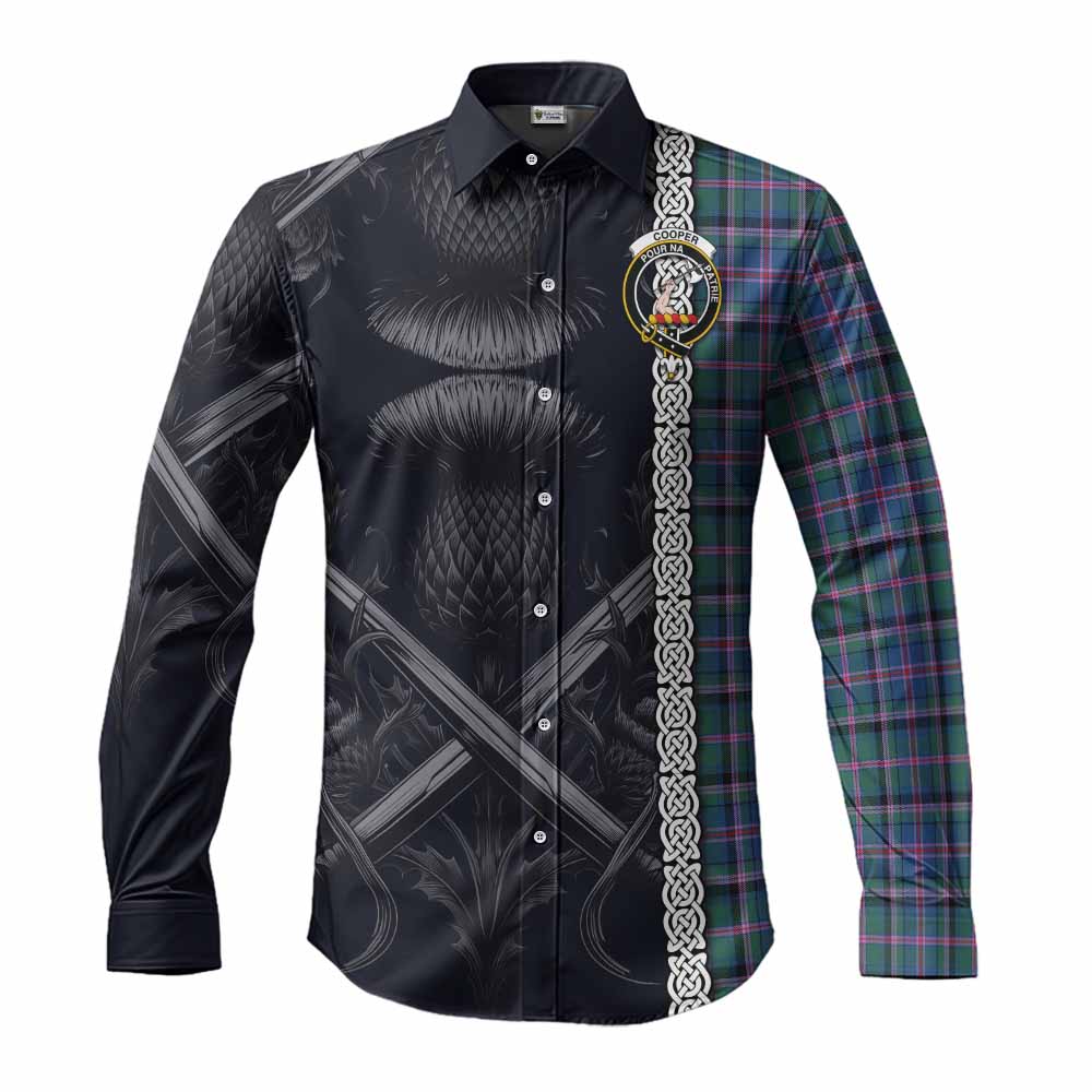 Tartan Vibes Clothing Cooper Tartan Long Sleeve Button Shirt with Family Crest Cross Sword Thistle Celtic Vibes