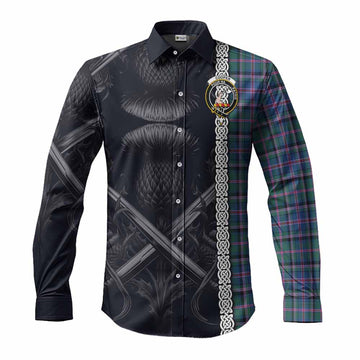 Cooper Tartan Long Sleeve Button Shirt with Family Crest Cross Sword Thistle Celtic Vibes