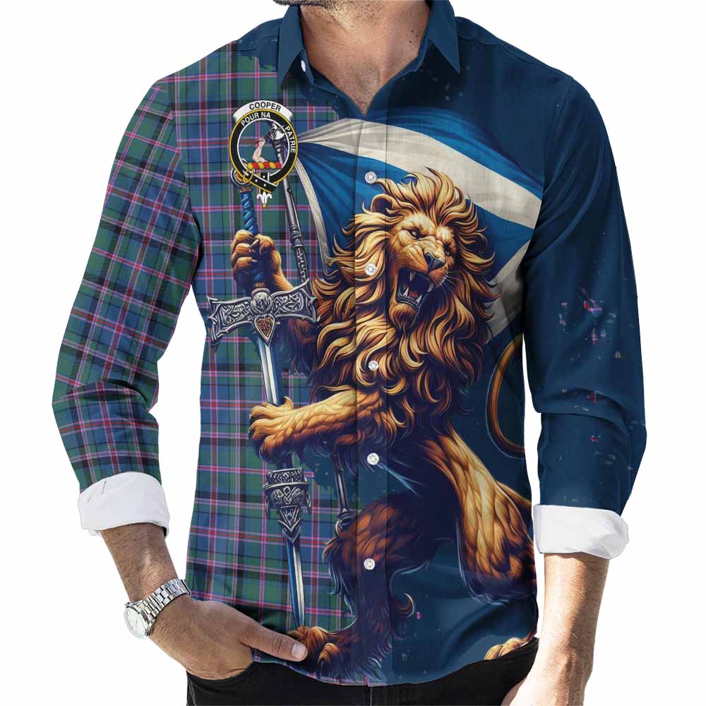 Tartan Vibes Clothing Cooper Tartan Family Crest Long Sleeve Button Shirt with Scottish Majestic Lion