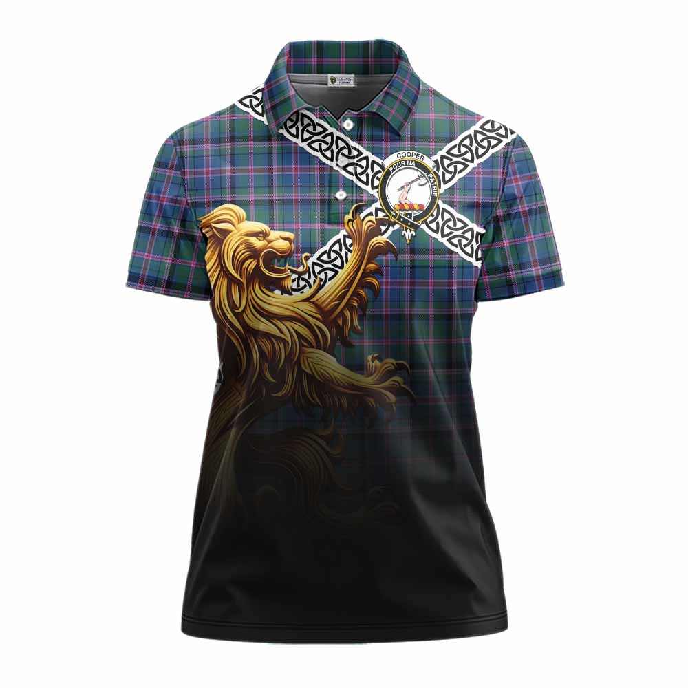 Tartan Vibes Clothing Cooper Crest Tartan Women's Polo Shirt with Golden Lion Emblem Celtic Style