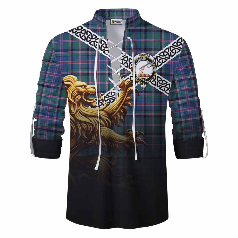 Tartan Vibes Clothing Cooper Crest Tartan Ghillie Kilt Shirt with Golden Lion Emblem Celtic Style