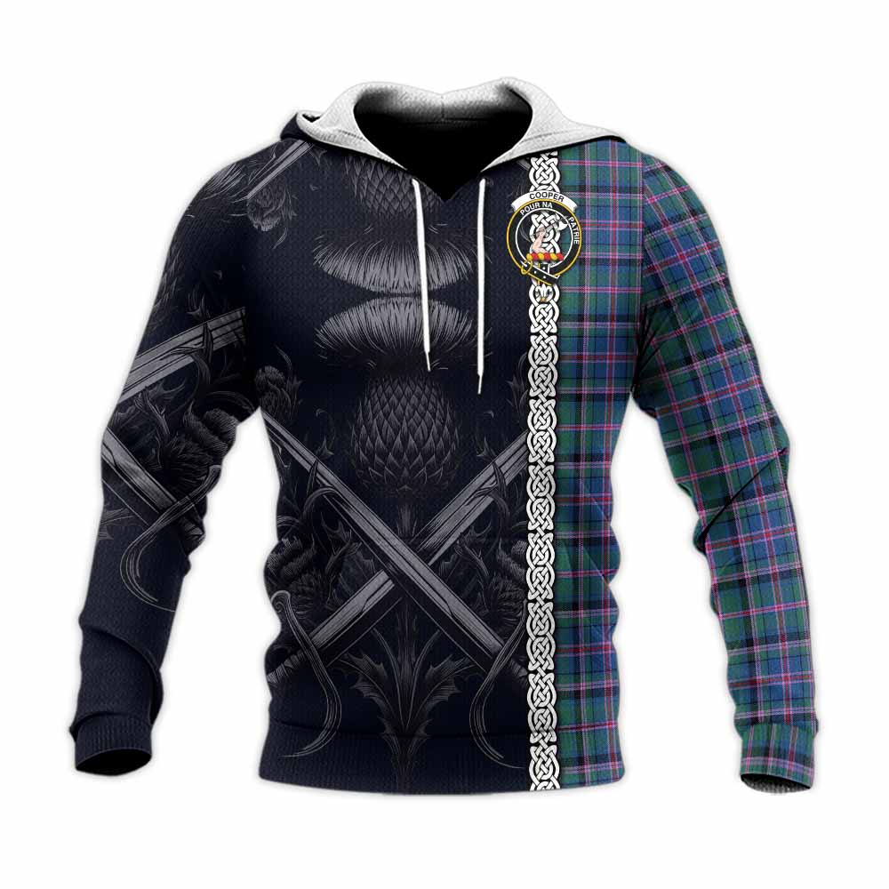 Tartan Vibes Clothing Cooper Tartan Knitted Hoodie with Family Crest Cross Sword Thistle Celtic Vibes