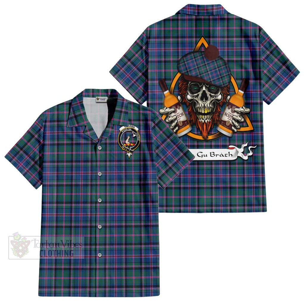 Tartan Vibes Clothing Cooper Tartan Short Sleeve Button Shirt with Family Crest and Bearded Skull Holding Bottles of Whiskey
