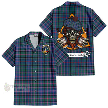 Tartan Vibes Clothing Cooper Tartan Short Sleeve Button Shirt with Family Crest and Bearded Skull Holding Bottles of Whiskey