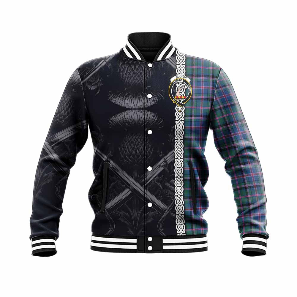 Tartan Vibes Clothing Cooper Tartan Baseball Jacket with Family Crest Cross Sword Thistle Celtic Vibes